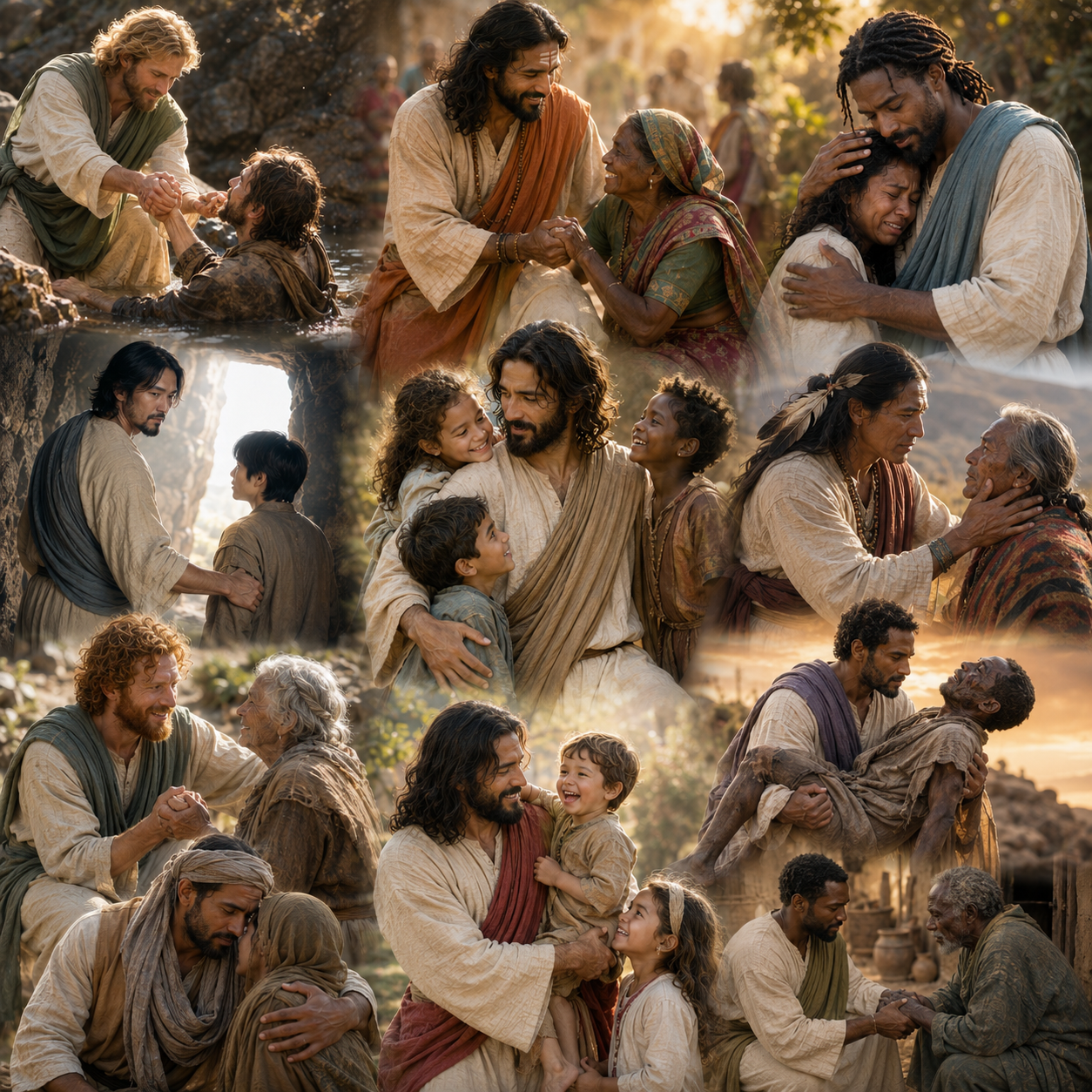 The Deliverer with people—healing, holding, carrying, comforting