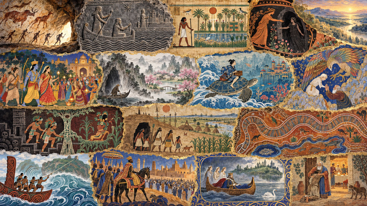 Collage of folktales, myths, and legends from around the world