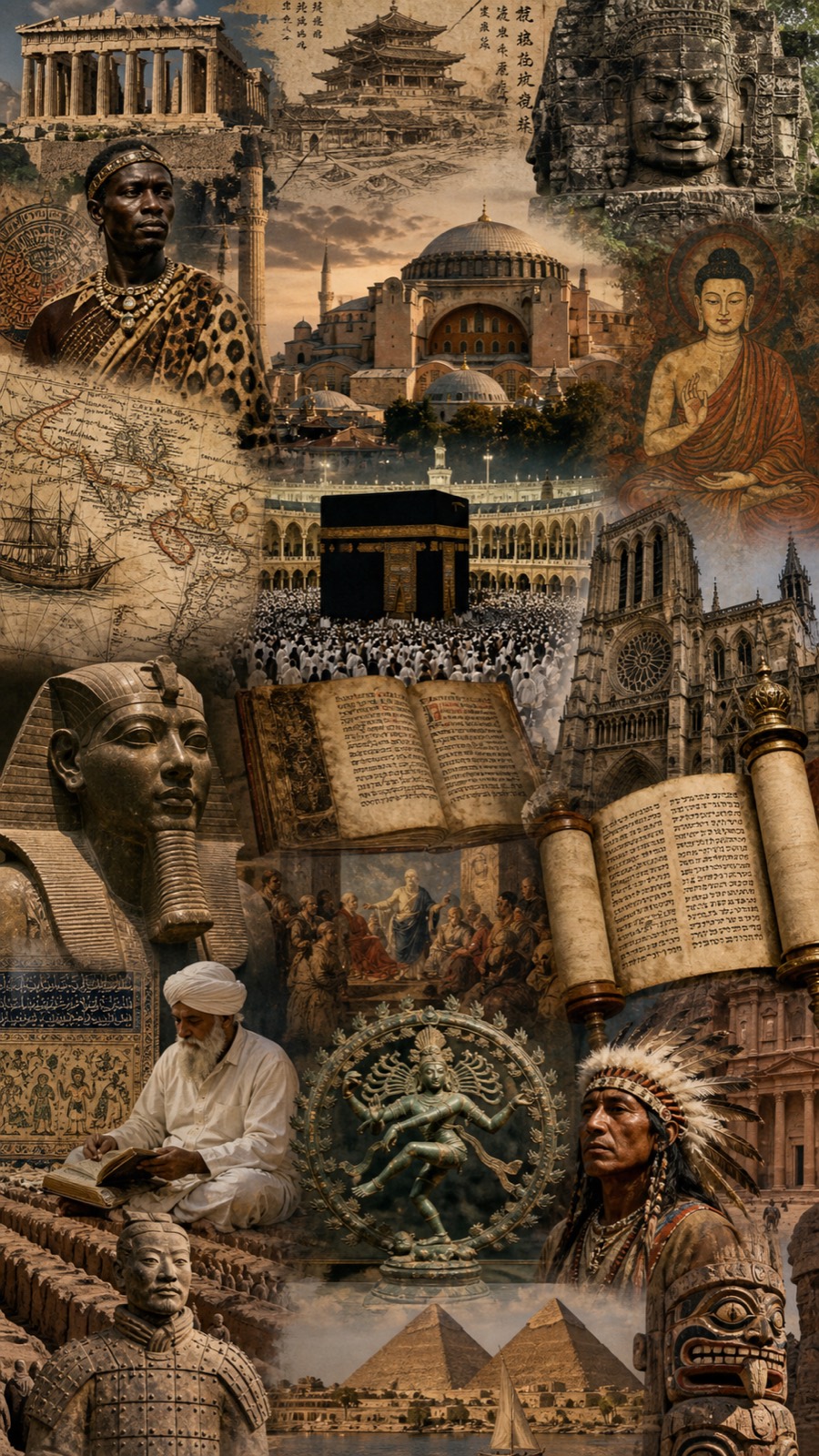 Collage of world religions, temples, and sacred places